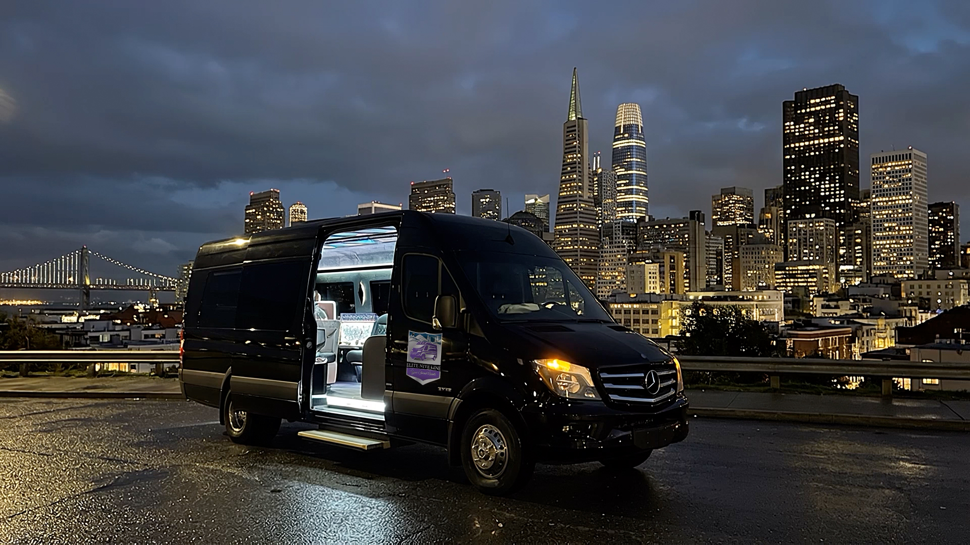 Still image of the Elite Nite Line van in San Francisco used for AI-assisted exterior B-roll