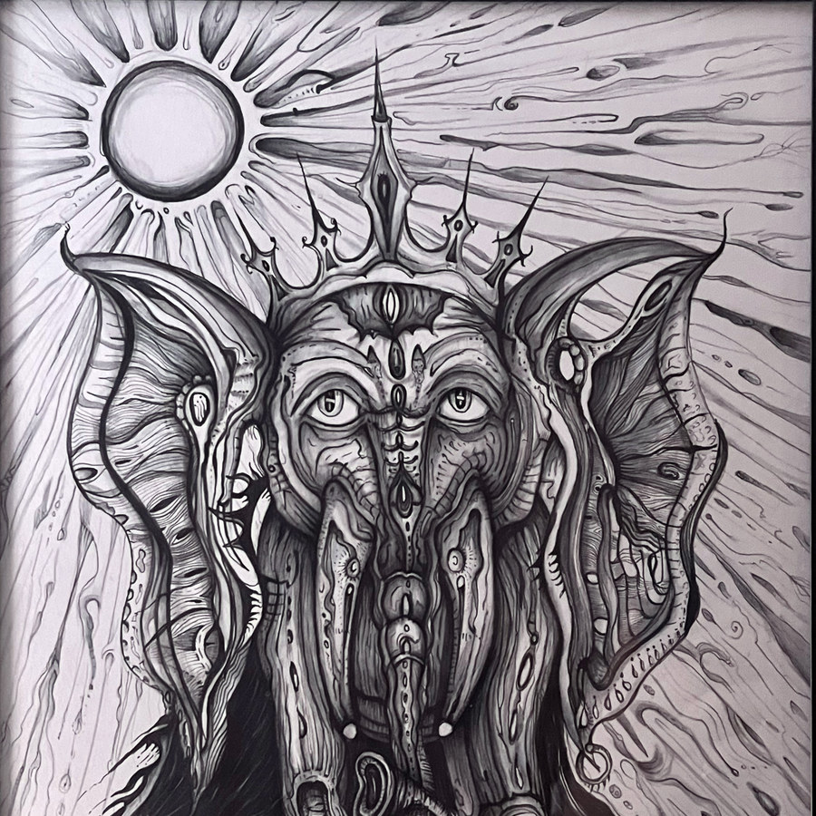 Black and white illustrated figure with moon and radiating lines