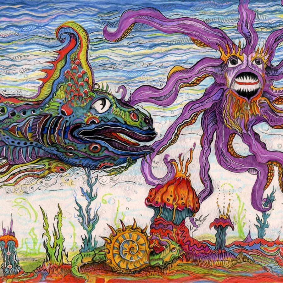 Colorful traditional illustration with sea creatures